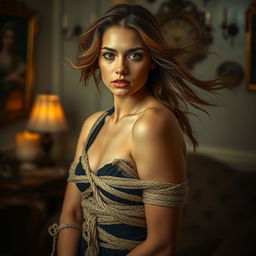 A captivating scene featuring a young adult woman elegantly bound in a tasteful and artistic manner, emphasizing the contrast between restraint and elegance