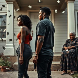 A dramatic scene featuring a black couple standing apart, both gazing away from each other, with the man holding a gun pointed at the ground