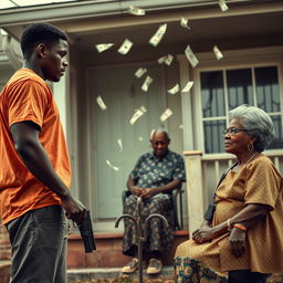 A dramatic scene featuring a black couple standing apart, both gazing away from each other, with the man holding a gun pointed at the ground