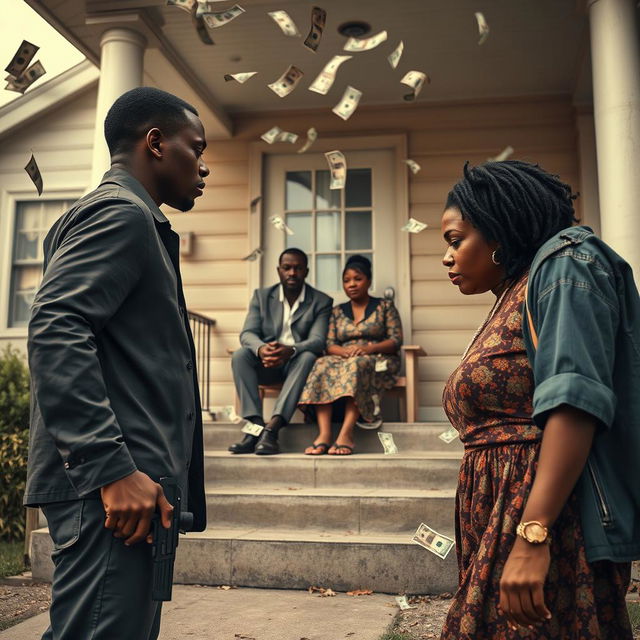 A dramatic scene featuring a black couple standing apart, both gazing away from each other, with the man holding a gun pointed at the ground