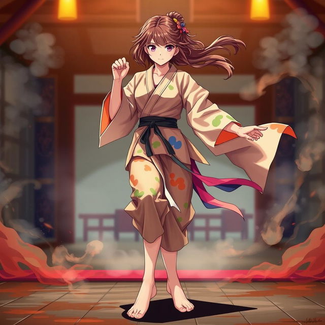 A barefoot anime female martial artist exuding a captivating presence, dressed in a vibrant, stylized gi featuring an array of colors that reflect her unique personality and the artistry of her discipline