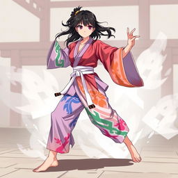 A barefoot anime female martial artist exuding a captivating presence, dressed in a vibrant, stylized gi featuring an array of colors that reflect her unique personality and the artistry of her discipline