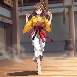 A barefoot anime female martial artist exuding a captivating presence, dressed in a vibrant, stylized gi featuring an array of colors that reflect her unique personality and the artistry of her discipline