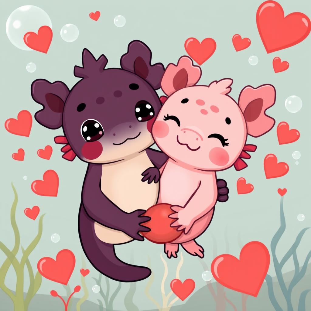 Two adorable cartoon axolotls in a sweet embrace