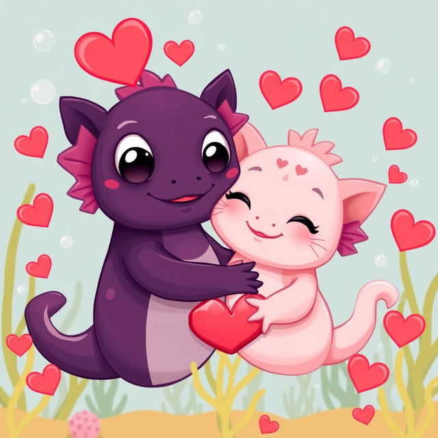 Two adorable cartoon axolotls in a sweet embrace