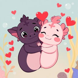 Two adorable cartoon axolotls in a sweet embrace
