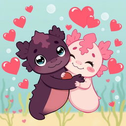 Two adorable cartoon axolotls in a sweet embrace