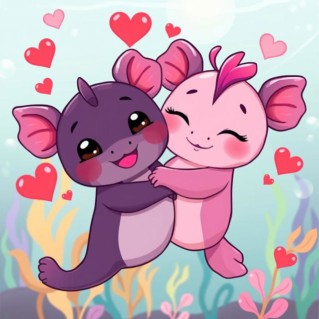 Two cute cartoon axolotls embracing each other lovingly