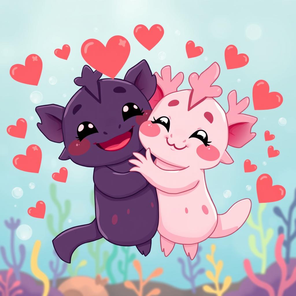 Two cute cartoon axolotls embracing each other lovingly