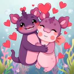 Two cute cartoon axolotls embracing each other lovingly