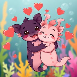 Two cute cartoon axolotls embracing each other lovingly