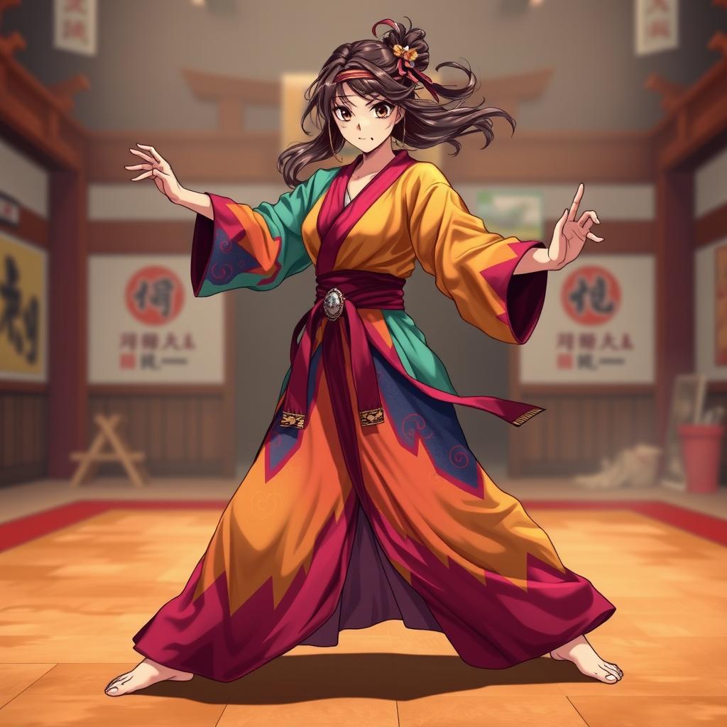 A barefoot anime female martial artist captivating viewers with her striking presence, wearing a vibrant, multi-colored, stylized gi that embodies her unique personality and the artistry of her martial discipline