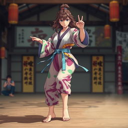 A barefoot anime female martial artist captivating viewers with her striking presence, wearing a vibrant, multi-colored, stylized gi that embodies her unique personality and the artistry of her martial discipline