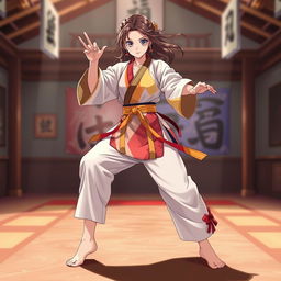 A barefoot anime female martial artist captivating viewers with her striking presence, wearing a vibrant, multi-colored, stylized gi that embodies her unique personality and the artistry of her martial discipline
