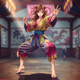 A barefoot anime female martial artist captivating viewers with her striking presence, wearing a vibrant, multi-colored, stylized gi that embodies her unique personality and the artistry of her martial discipline
