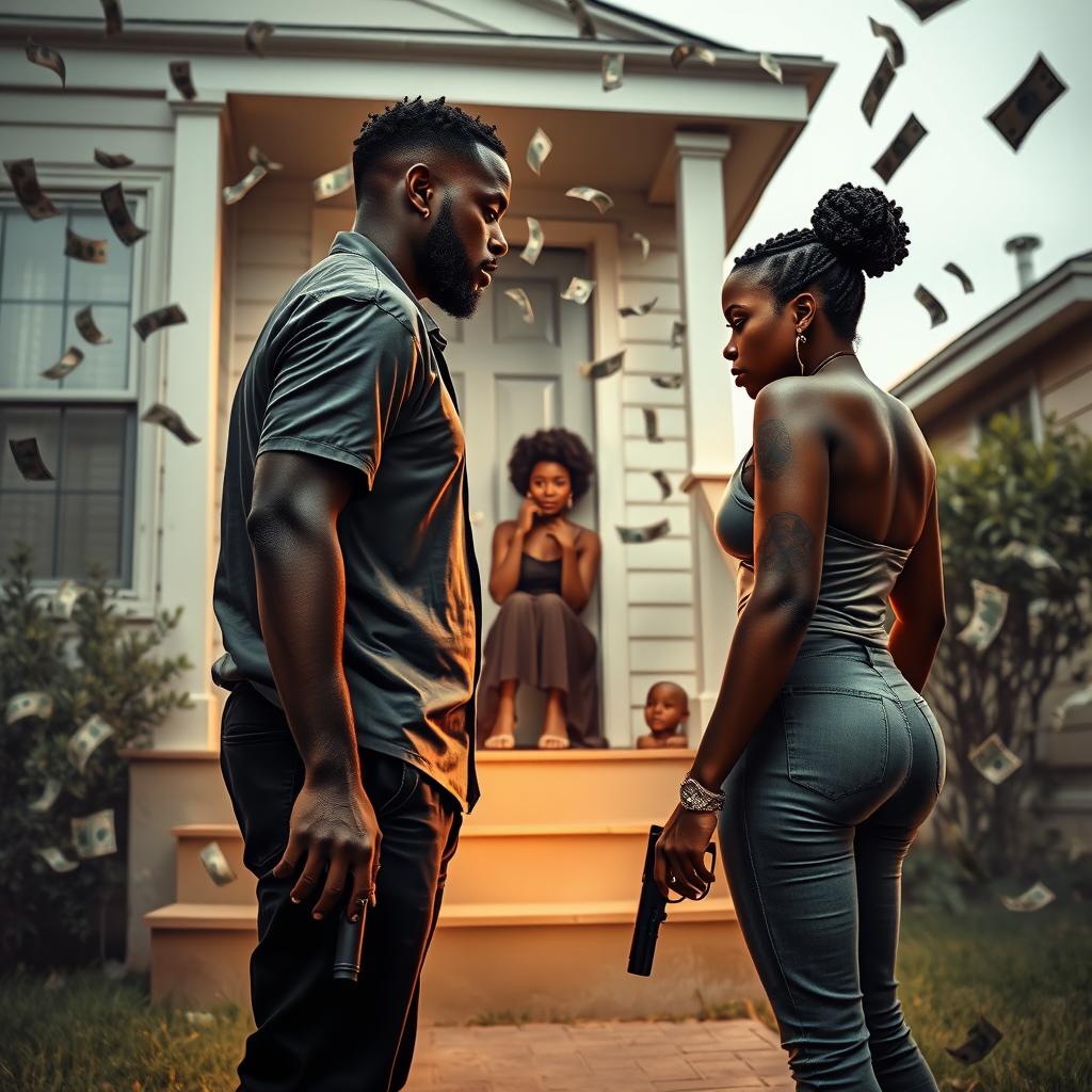 A dramatic scene depicting a black couple standing apart, both looking away from each other, with the man holding a gun pointed at the ground