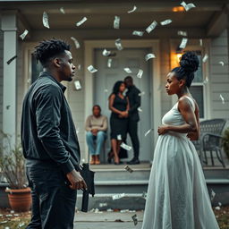 A dramatic scene depicting a black couple standing apart, both looking away from each other, with the man holding a gun pointed at the ground