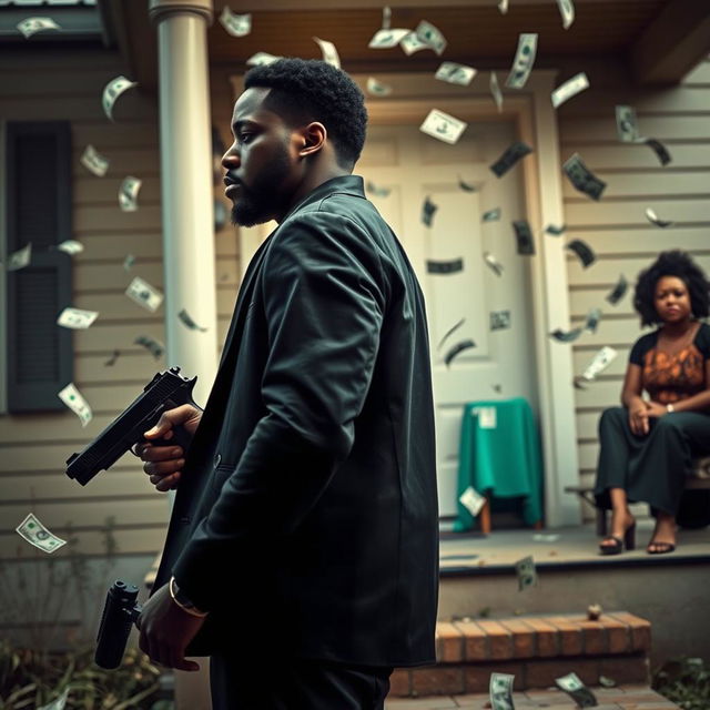 A dramatic scene depicting a black couple standing apart, both looking away from each other, with the man holding a gun pointed at the ground