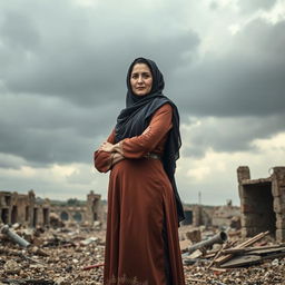 A powerful and emotional representation of the resilience of women in conflict zones, featuring a strong Iraqi woman dressed in traditional attire, standing confidently amidst a war-torn background