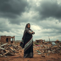 A powerful and emotional representation of the resilience of women in conflict zones, featuring a strong Iraqi woman dressed in traditional attire, standing confidently amidst a war-torn background