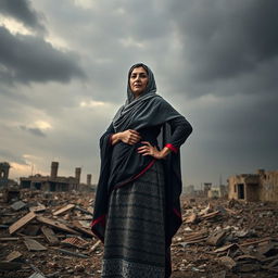 A powerful and emotional representation of the resilience of women in conflict zones, featuring a strong Iraqi woman dressed in traditional attire, standing confidently amidst a war-torn background
