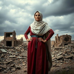 A powerful and emotional representation of the resilience of women in conflict zones, featuring a strong Iraqi woman dressed in traditional attire, standing confidently amidst a war-torn background