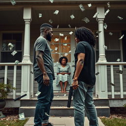 A tense scene showing a black couple standing apart, both looking away from each other, with the man holding a gun pointed at the ground, symbolizing conflict