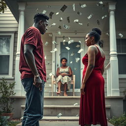 A tense scene showing a black couple standing apart, both looking away from each other, with the man holding a gun pointed at the ground, symbolizing conflict