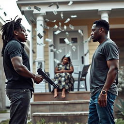 A tense scene showing a black couple standing apart, both looking away from each other, with the man holding a gun pointed at the ground, symbolizing conflict