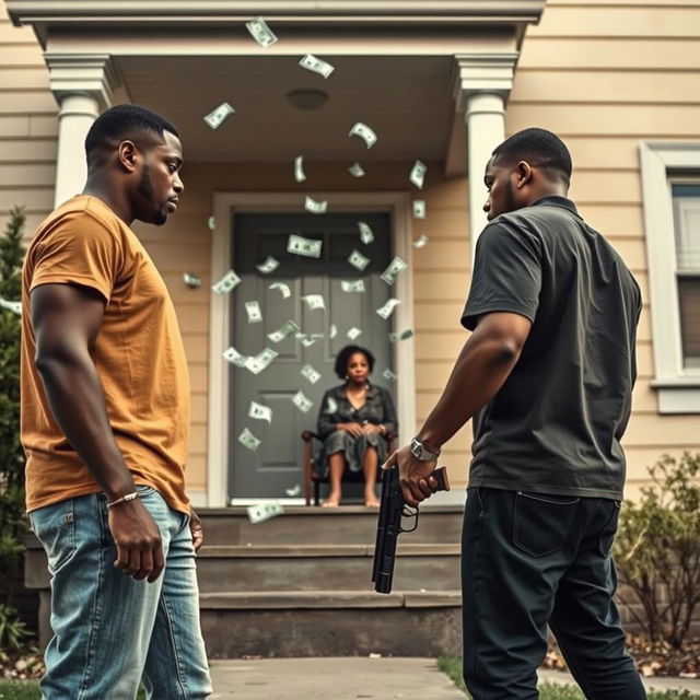 A tense scene showing a black couple standing apart, both looking away from each other, with the man holding a gun pointed at the ground, symbolizing conflict