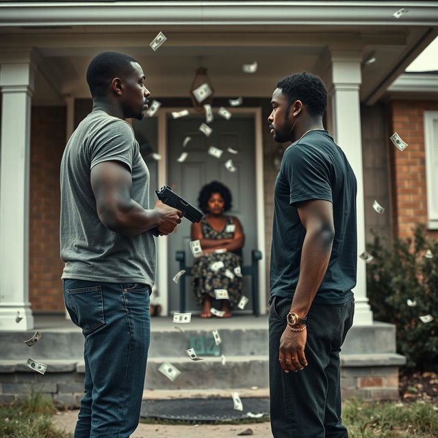 A tense scene showing a black couple standing apart, both looking away from each other, with the man holding a gun pointed at the ground, symbolizing conflict