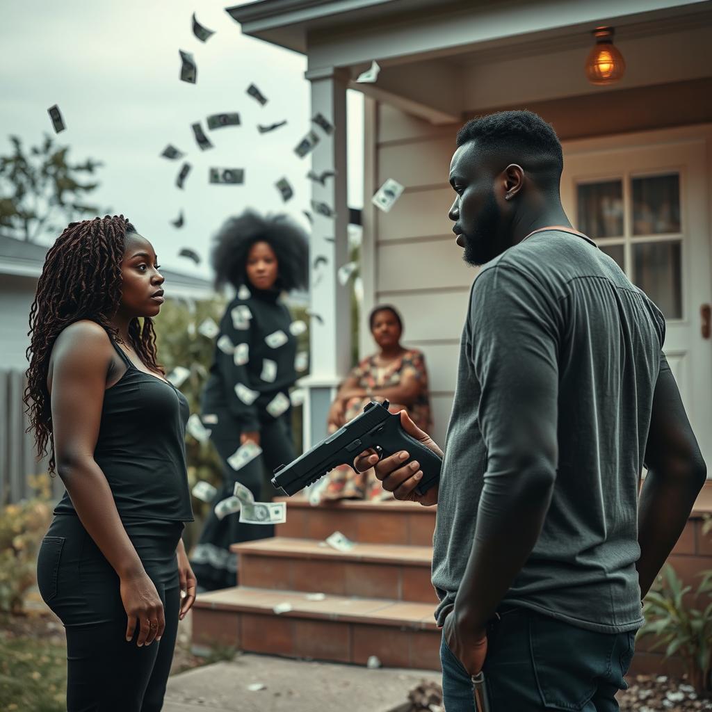 A tense scene showing a black couple standing apart, both looking away from each other, with the man holding a gun pointed at the ground, symbolizing conflict