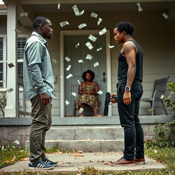 A tense scene showing a black couple standing apart, both looking away from each other, with the man holding a gun pointed at the ground, symbolizing conflict