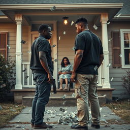 A tense scene showing a black couple standing apart, both looking away from each other, with the man holding a gun pointed at the ground, symbolizing conflict