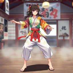 A barefoot anime female martial artist captivating with her striking presence, wearing a vibrant, multi-colored, stylized gi that reflects her unique personality and the artistry of her discipline