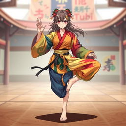 A barefoot anime female martial artist captivating with her striking presence, wearing a vibrant, multi-colored, stylized gi that reflects her unique personality and the artistry of her discipline