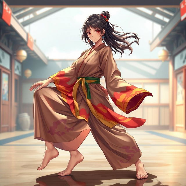 A barefoot anime female martial artist captivating with her striking presence, wearing a vibrant, multi-colored, stylized gi that reflects her unique personality and the artistry of her discipline