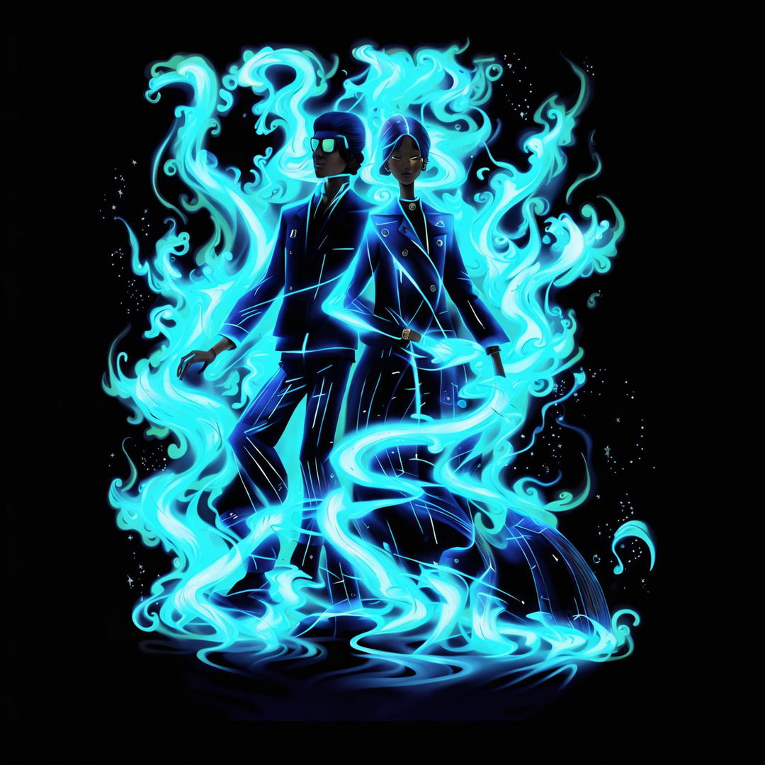 Neo-pop illustration featuring blue gas with mysterious characters in stylish clothes against a black background.