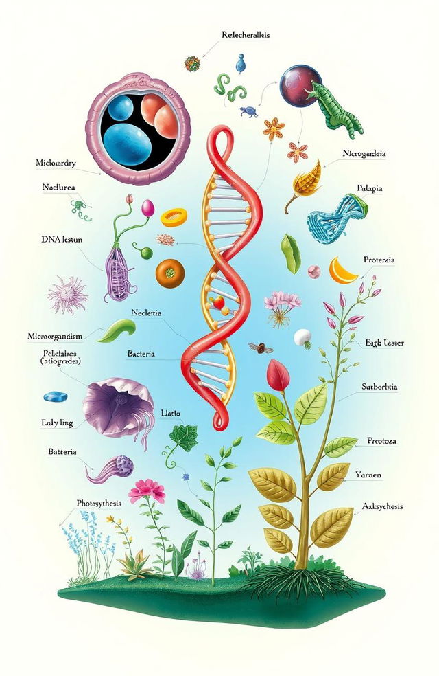 A colorful and detailed depiction of various biological concepts, including a vibrant cellular structure illustrating mitochondria and nucleus, an intricate DNA double helix intertwined, various microorganisms like bacteria and protozoa, and lush plant life showcasing photosynthesis, all set against a soft gradient background that transitions from light green to deep blue