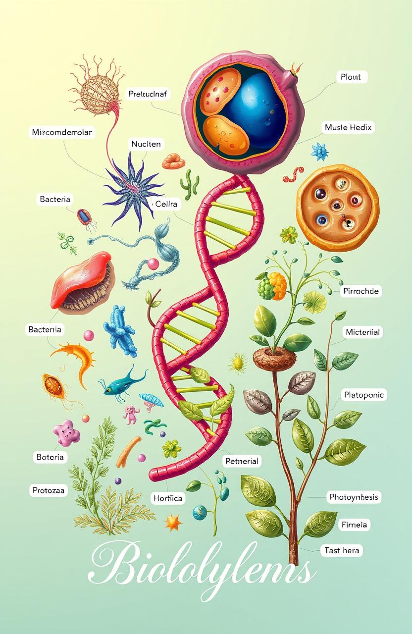 A colorful and detailed depiction of various biological concepts, including a vibrant cellular structure illustrating mitochondria and nucleus, an intricate DNA double helix intertwined, various microorganisms like bacteria and protozoa, and lush plant life showcasing photosynthesis, all set against a soft gradient background that transitions from light green to deep blue