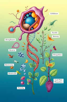 A colorful and detailed depiction of various biological concepts, including a vibrant cellular structure illustrating mitochondria and nucleus, an intricate DNA double helix intertwined, various microorganisms like bacteria and protozoa, and lush plant life showcasing photosynthesis, all set against a soft gradient background that transitions from light green to deep blue