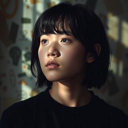 A reflective portrait of a 22-year-old individual with black hair and short bangs, deep in thought