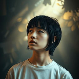 A reflective portrait of a 22-year-old individual with black hair and short bangs, deep in thought