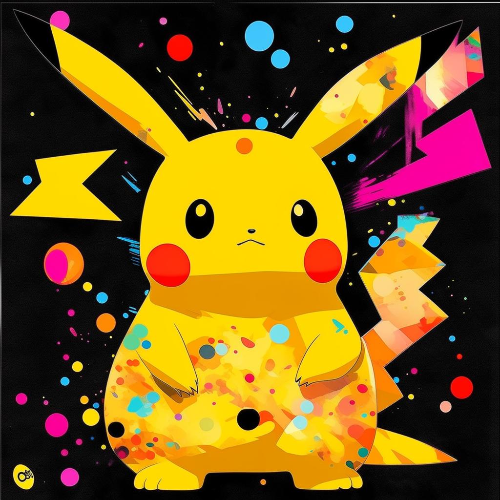 Enhance the previous image of the Murakami print of Pikachu for a more stunning effect. Amplify the vibrancy and richness of the colors, increase the resolution, and intensify the beautiful superflat art elements.