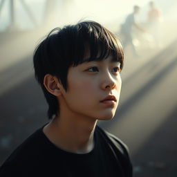 A reflective portrait of a 22-year-old individual with black hair and short bangs, deep in thought