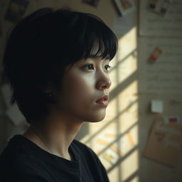 A reflective portrait of a 22-year-old individual with black hair and short bangs, deep in thought