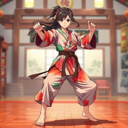 A barefoot anime female martial artist captivating viewers with her striking presence, adorned in a vibrant, multi-colored, stylized gi that embodies her unique personality and the artistry of her discipline