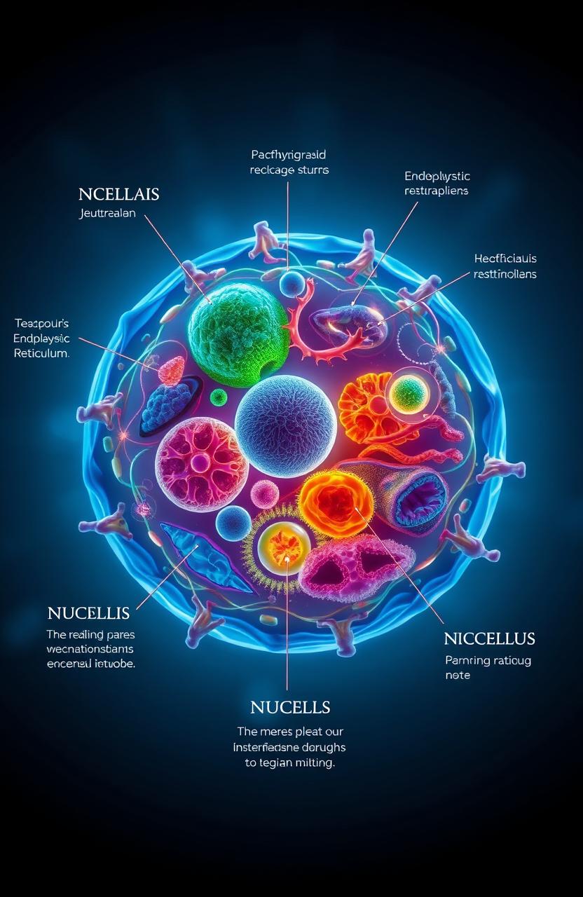 A visually captivating representation of cellular biology, showcasing the intricate structures of a cell