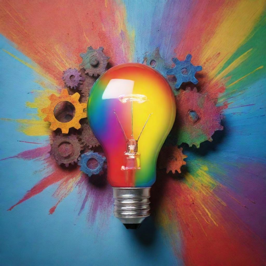 A conceptual image showing the undeniable benefits of creativity: a light bulb glowing bright colors, gears in motion, and a paintbrush painting vivid colors, all on an inspiring backdrop.