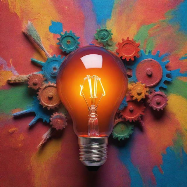 A conceptual image showing the undeniable benefits of creativity: a light bulb glowing bright colors, gears in motion, and a paintbrush painting vivid colors, all on an inspiring backdrop.